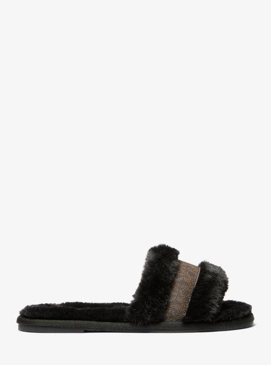 Alexis Faux Fur and Metallic Signature Logo Slide Sandal