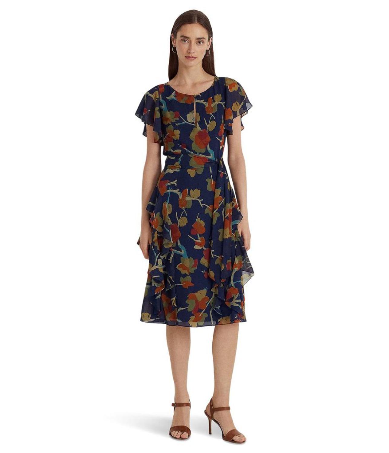 Floral Ruffle-Trim Georgette Dress