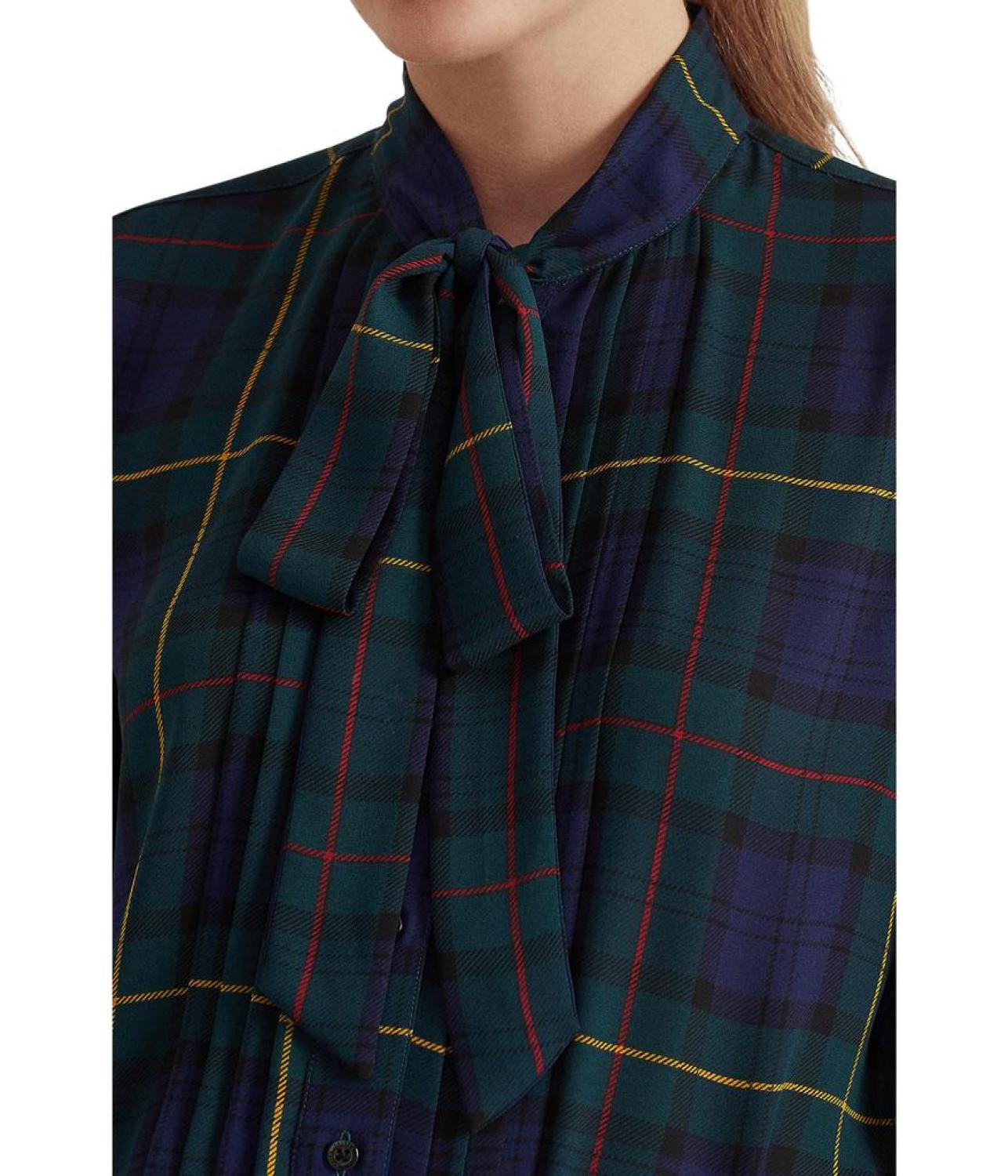 Plaid Tie Neck Georgette Shirt