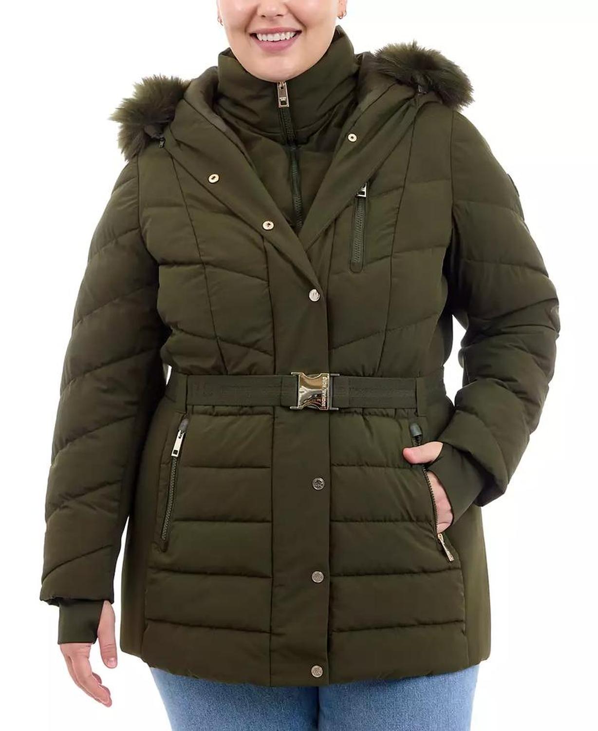 Plus Size Belted Faux-Fur-Trim Hooded Puffer Coat