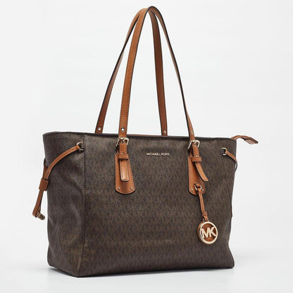 Michael Kors Brown Signature Coated Canvas And Leather Voyager Shopper Tote