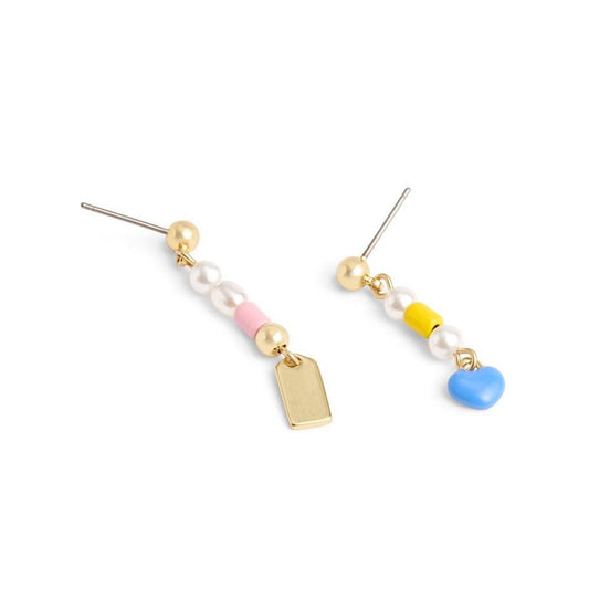 Faux Pearl Signature Charm Mismatched Linear Earrings