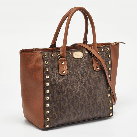 Michael Kors Brown Signature Coated Canvas And Leather Studded Sandrine Tote