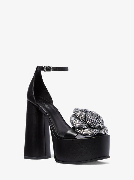 Elodie Crystal-Embellished Leather Platform Sandal