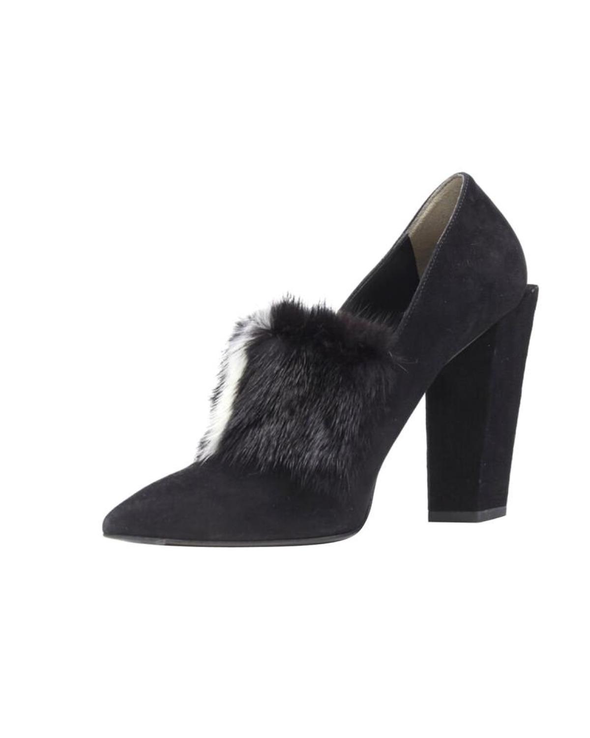 FENDI black suede black white mink fur front point toe chunky heel pump