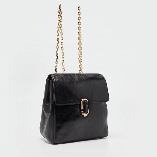 Black Glossy Leather Chain Strap Backpack