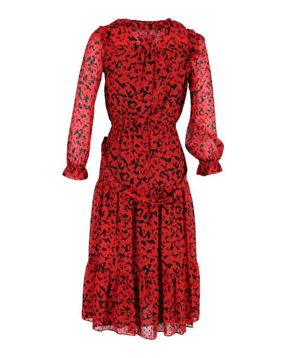 Michael Michael Kors Long Sleeve Printed Midi Dress in Red Polyester