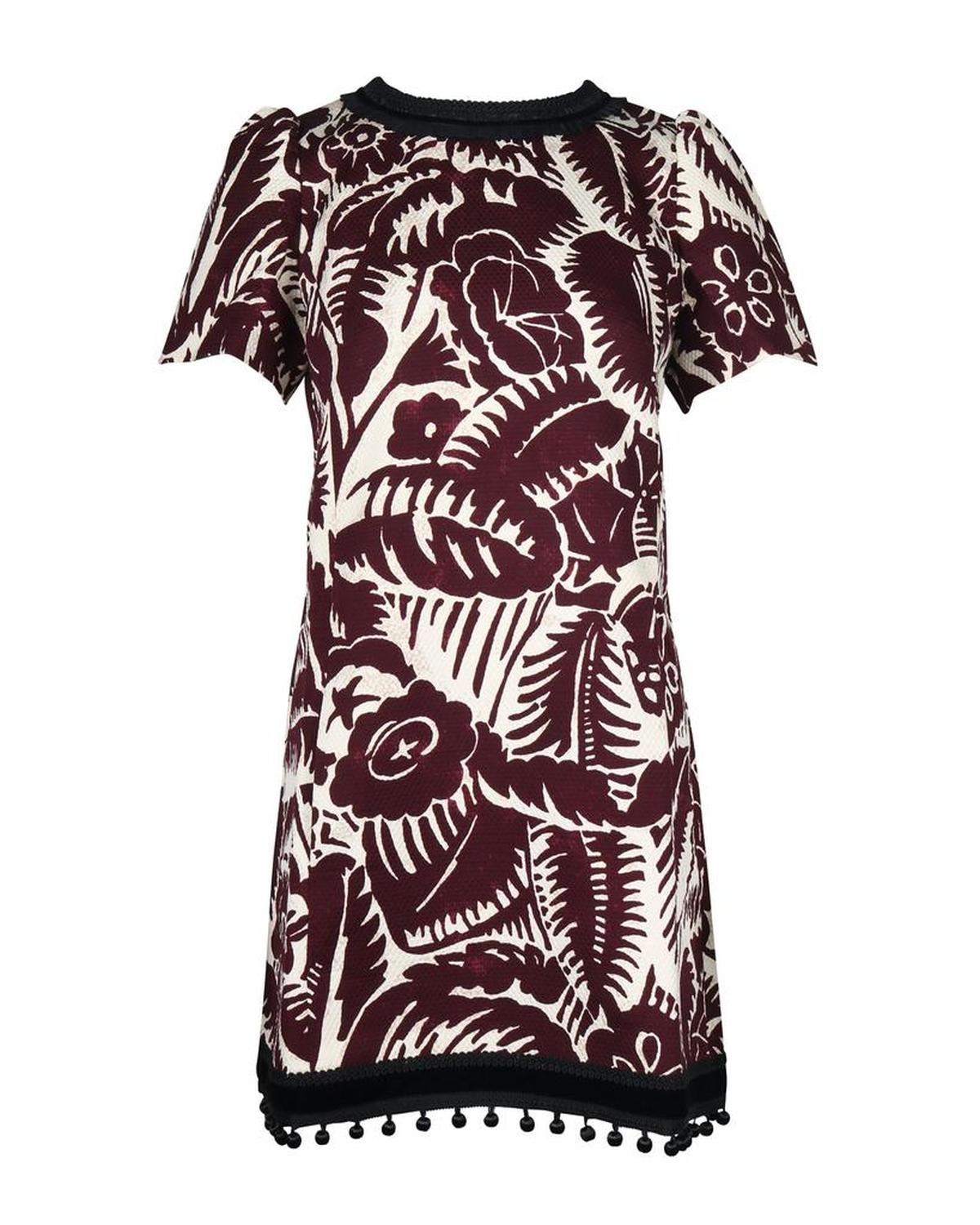 Tropical Print Shift Dress in Maroon Cotton