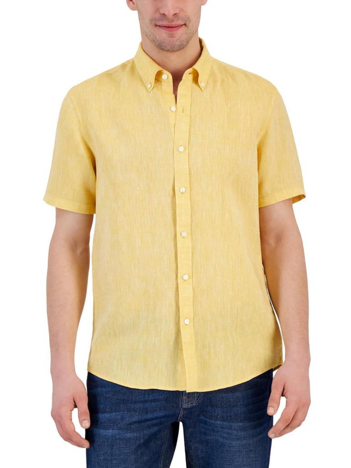 Mens Linen Heathered Button-Down Shirt