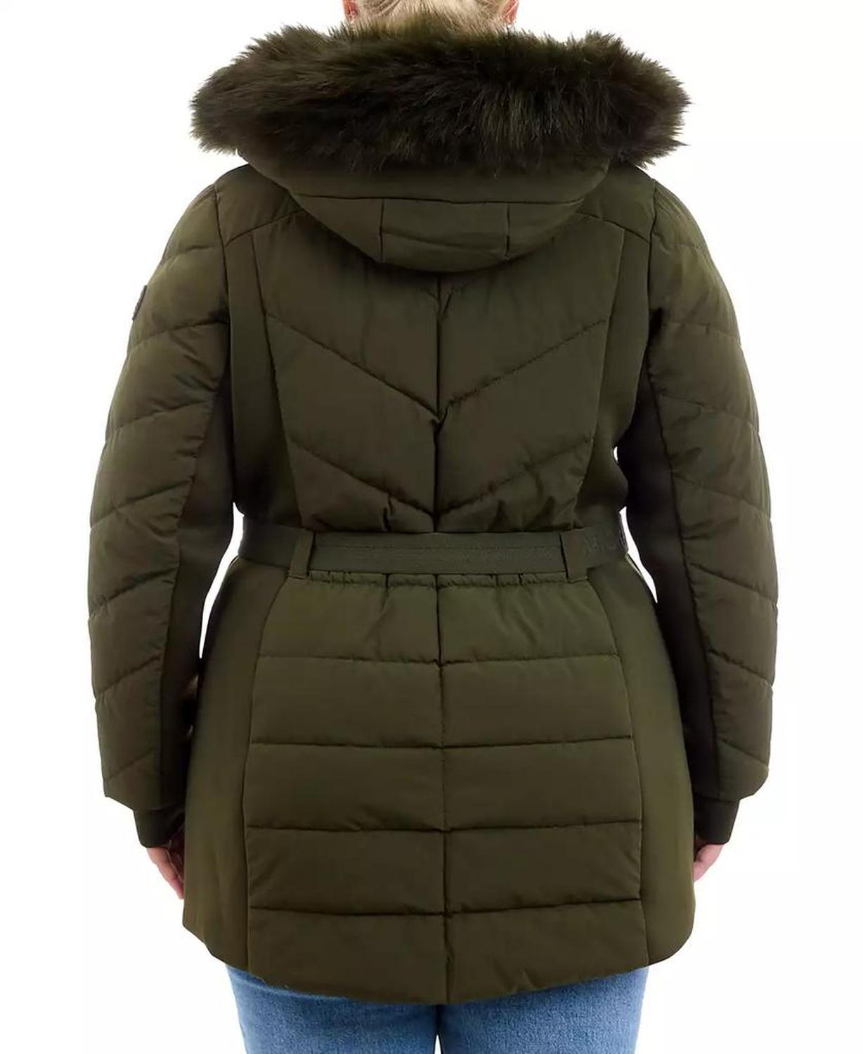 Plus Size Belted Faux-Fur-Trim Hooded Puffer Coat