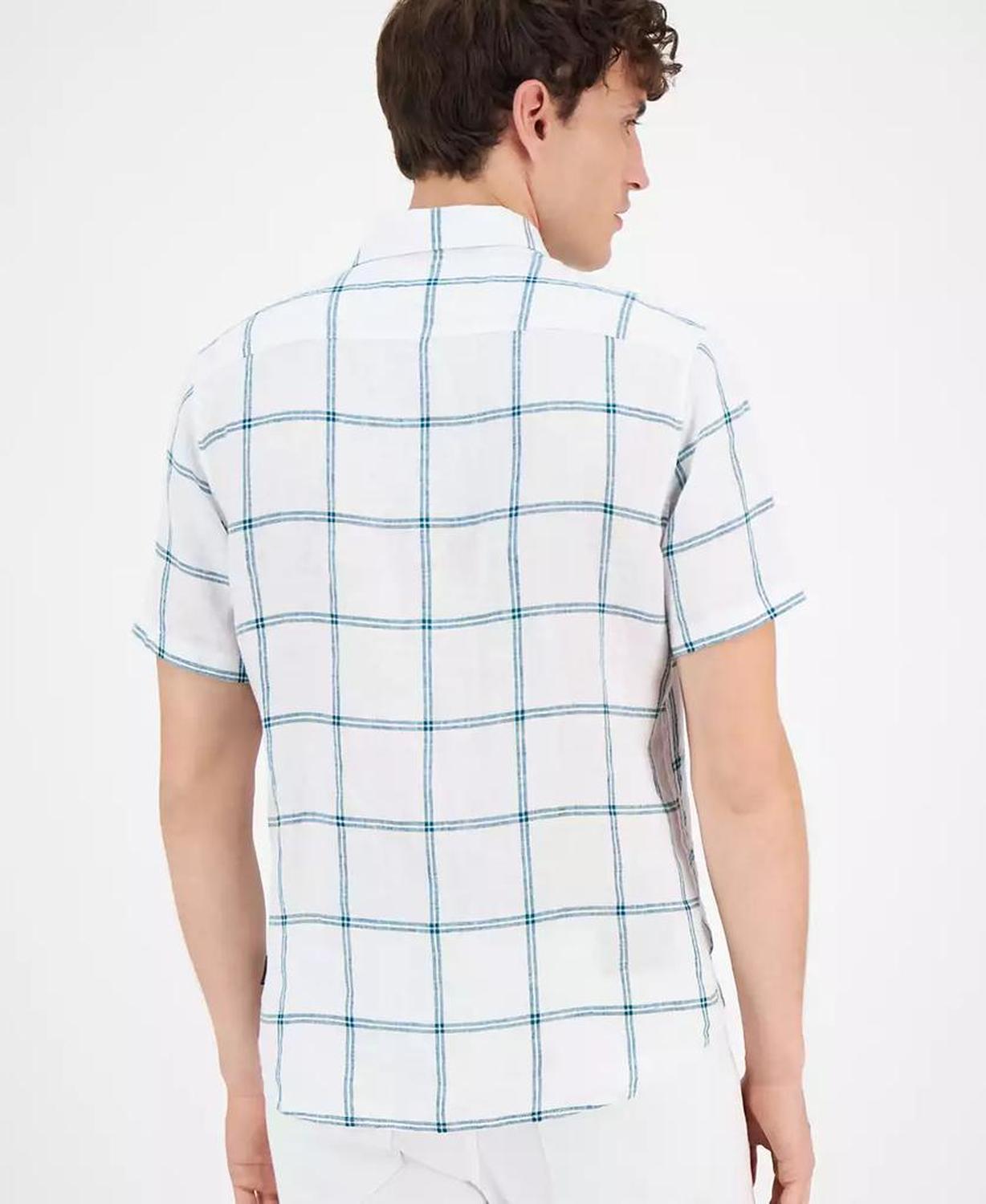 Men's Short-Sleeve Plaid Linen Button-Down Shirt