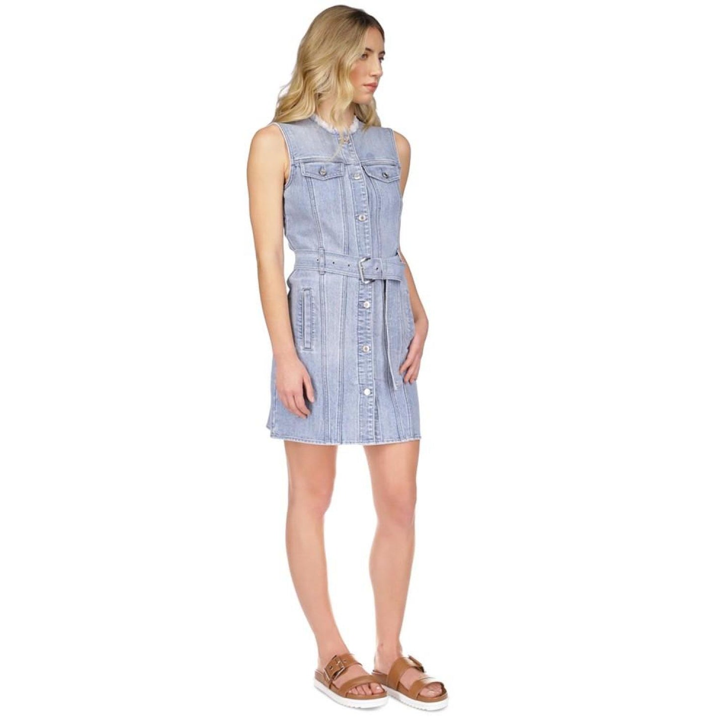 Women's Denim Frayed-Neck Sleeveless Dress