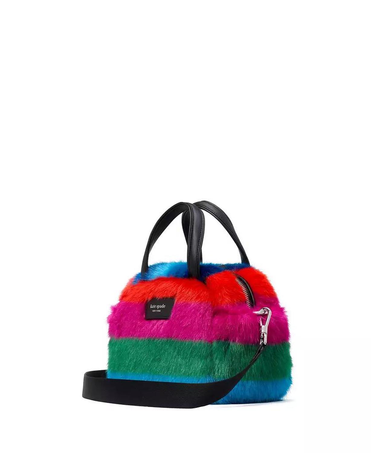 Puffed Striped Faux Fur Satchel Bag