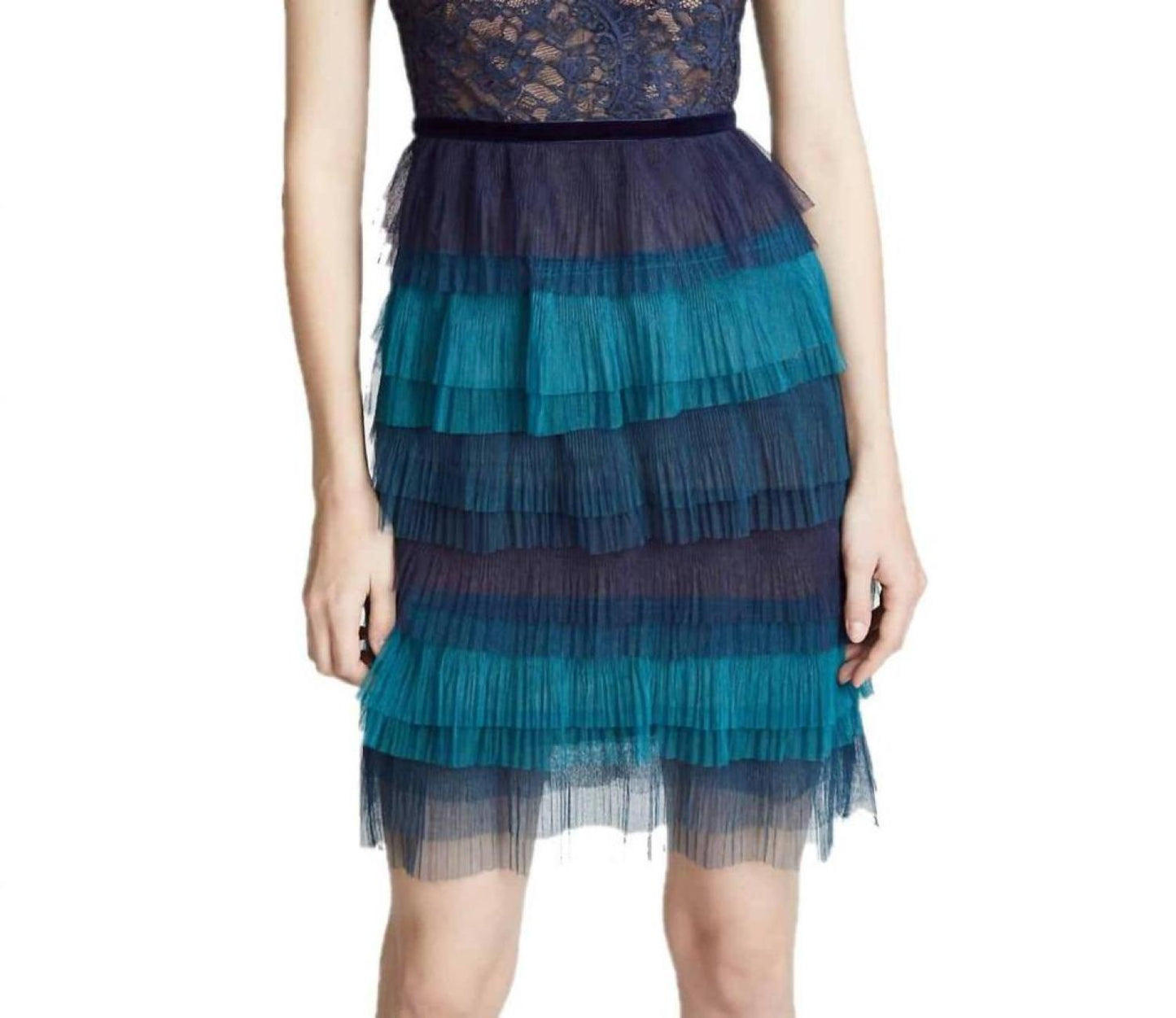 Tiered Ruffle Short Sleeve Cocktail Dress With Tie In Blues