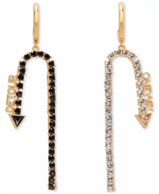 Gold-Tone Cubic Zirconia Detour & One Way Mismatch Charm Hoop Earrings