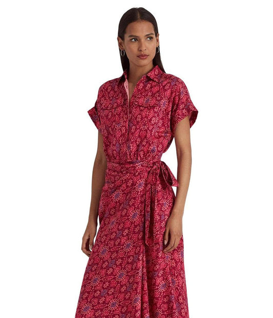 Petite Geo-Print Shantung Tie-Waist Dress