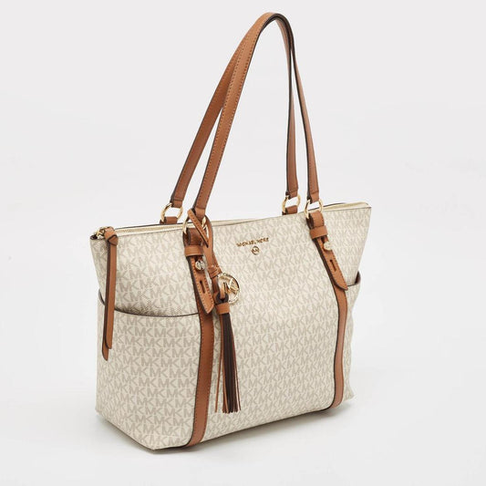 White/brown Siganture Coated Canvas Large Sullivan Top Zip Tote