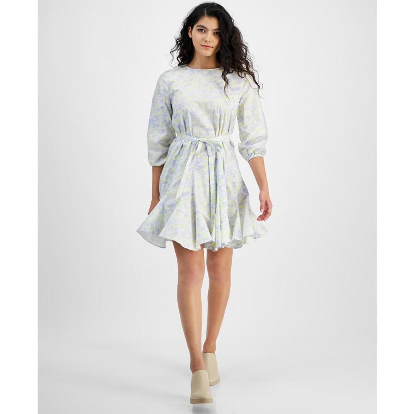 Women's Floral-Print Belted 3/4-Sleeve Dress