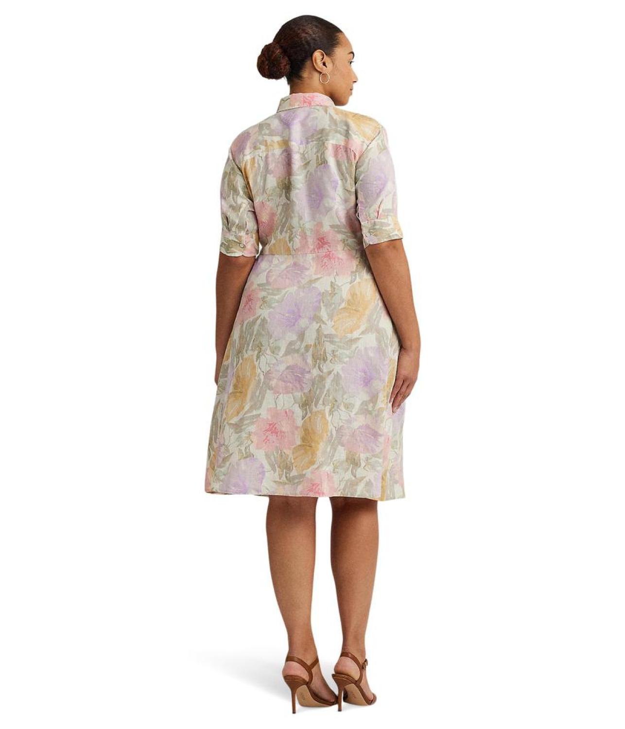 Plus-Size Floral Tie-Front Linen Shirtdress