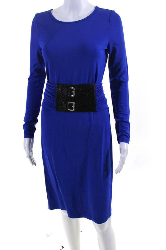 Michael Kors Collection Womens Long Sleeve Ruched Belt Sheath Dress Blue