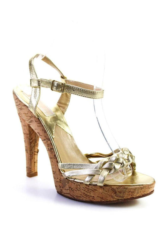 Michael Kors Womens Platform Braided Ankle Strap Sandals Gold Tone Leather 7.5