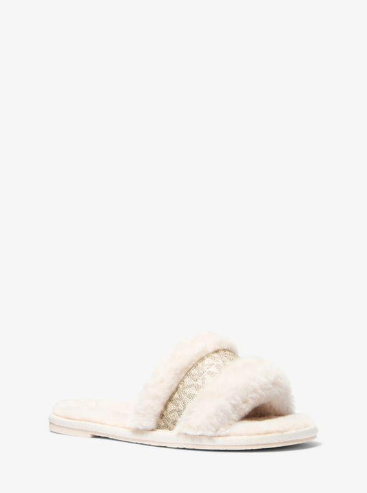 Alexis Faux Fur and Metallic Signature Logo Slide Sandal