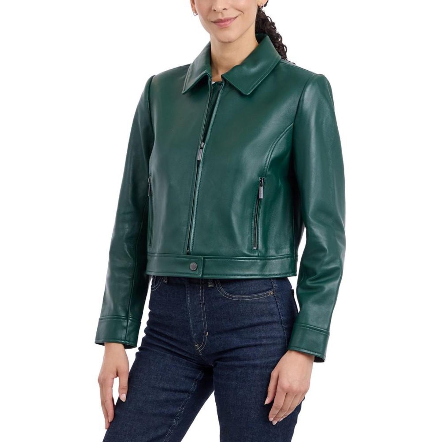 Petite Zip-Front Leather Coat