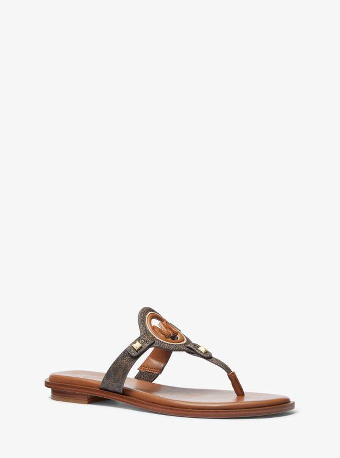 Aubrey Cutout Signature Logo and Leather T-Strap Sandal