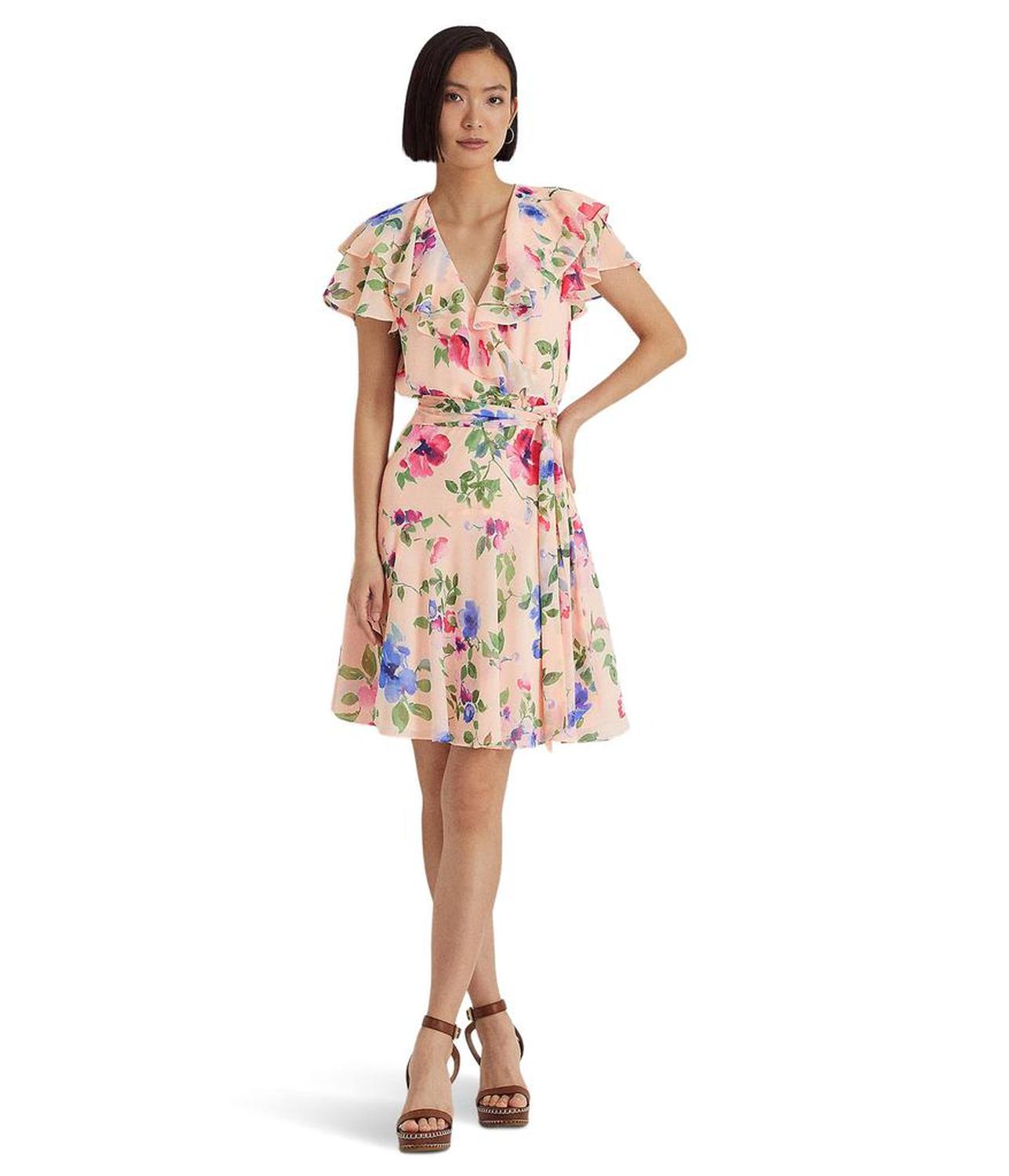 Petite Floral Belted Crinkle Georgette Dress