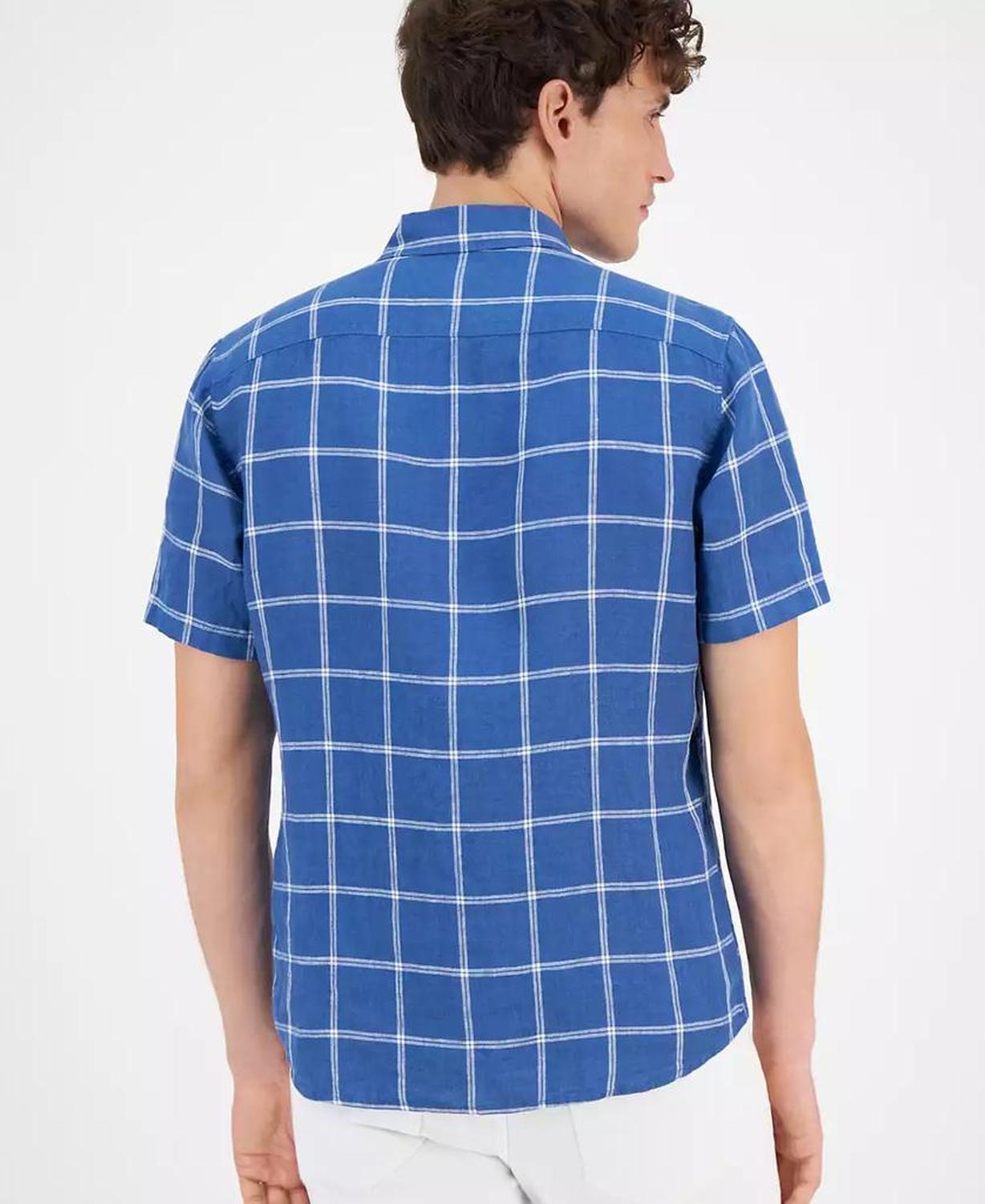 Men's Short-Sleeve Plaid Linen Button-Down Shirt