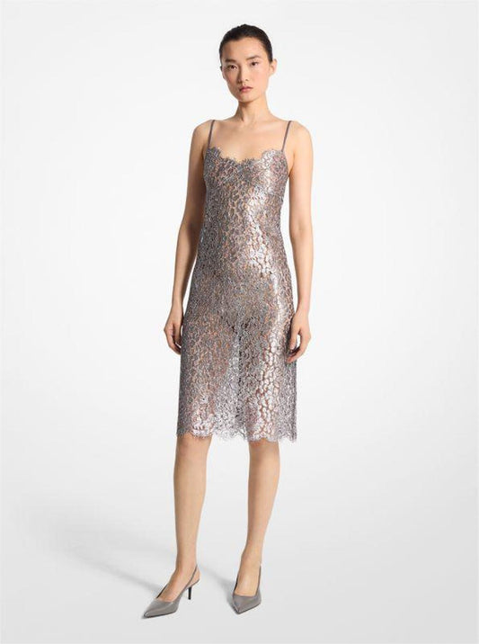 Metallic Floral Lace Slip Dress