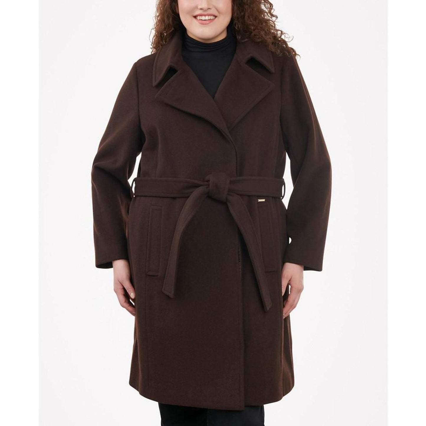 Women's Plus Size Belted Notched-Collar Wrap Coat