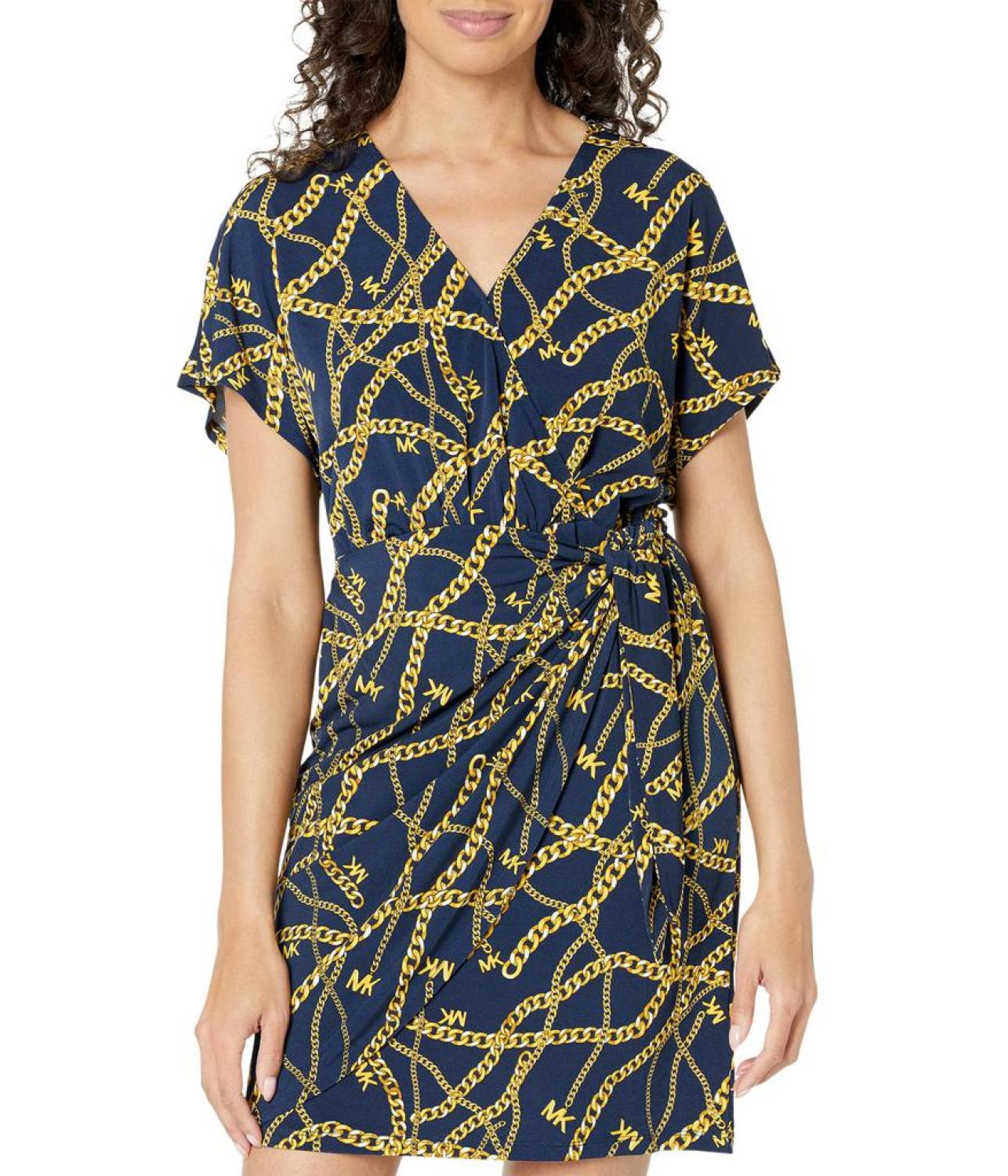 Print Tie Faux Wrap Dress