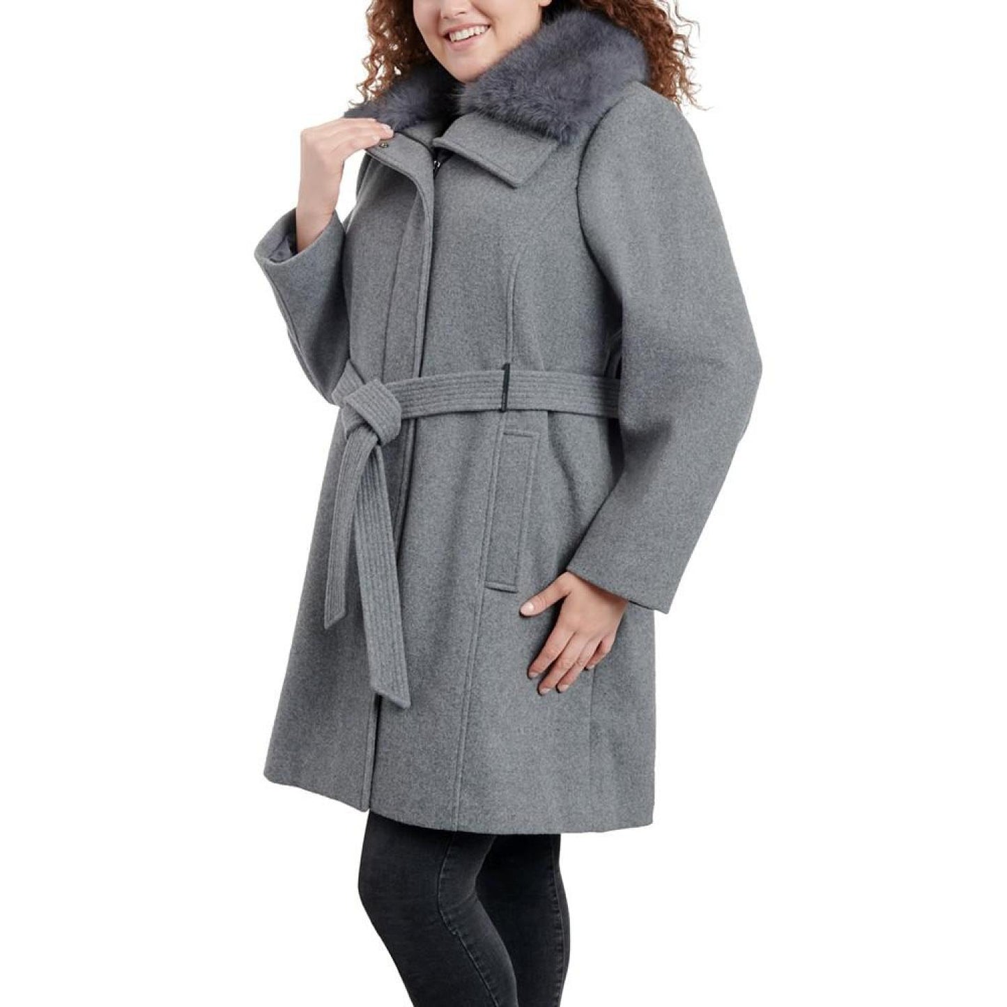 Women's Plus Size Belted Faux-Fur-Collar Coat