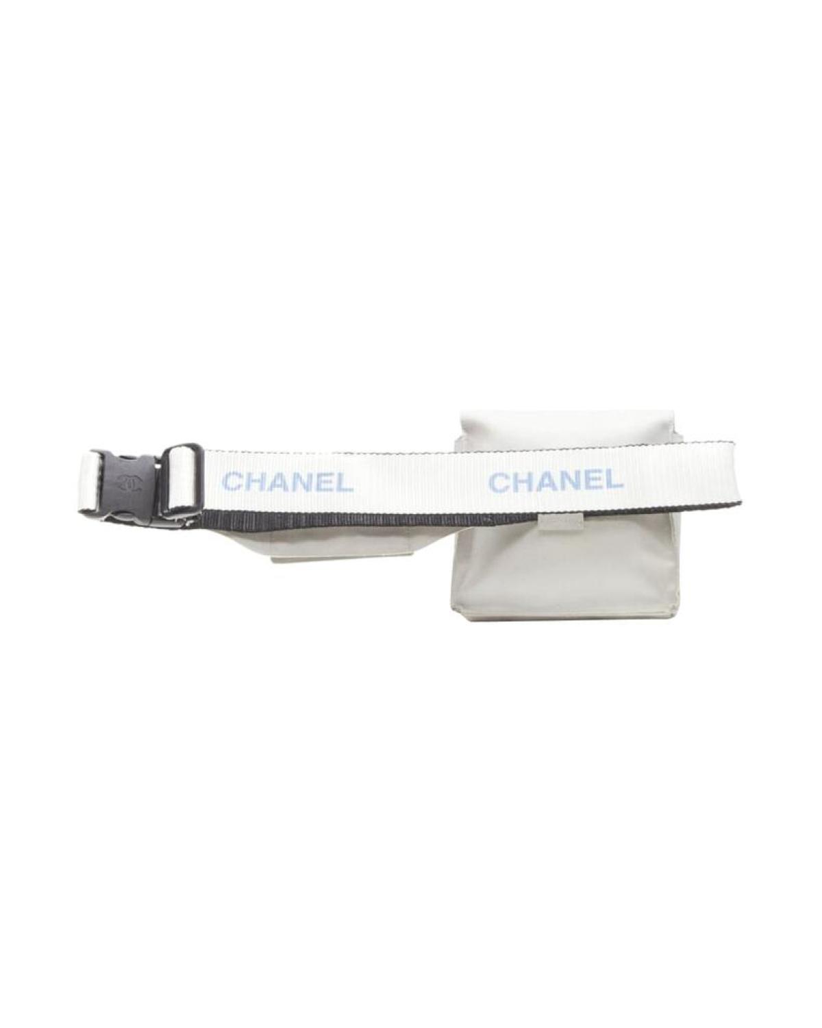 CHANEL 1990's Vintage silver nylon logo strap CC buckle square flap waist bag