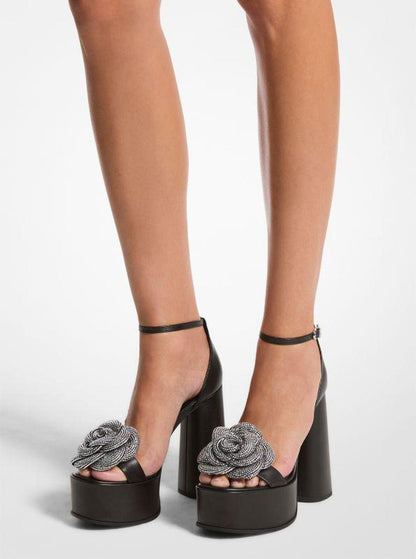 Elodie Crystal-Embellished Leather Platform Sandal