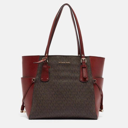 Michael Kors /brown Signature Coated Canvas And Leather Voyager East West Tote