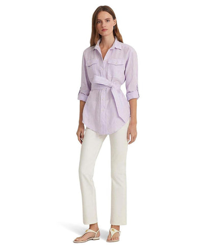 Relaxed Fit Striped Belted Linen Shirt