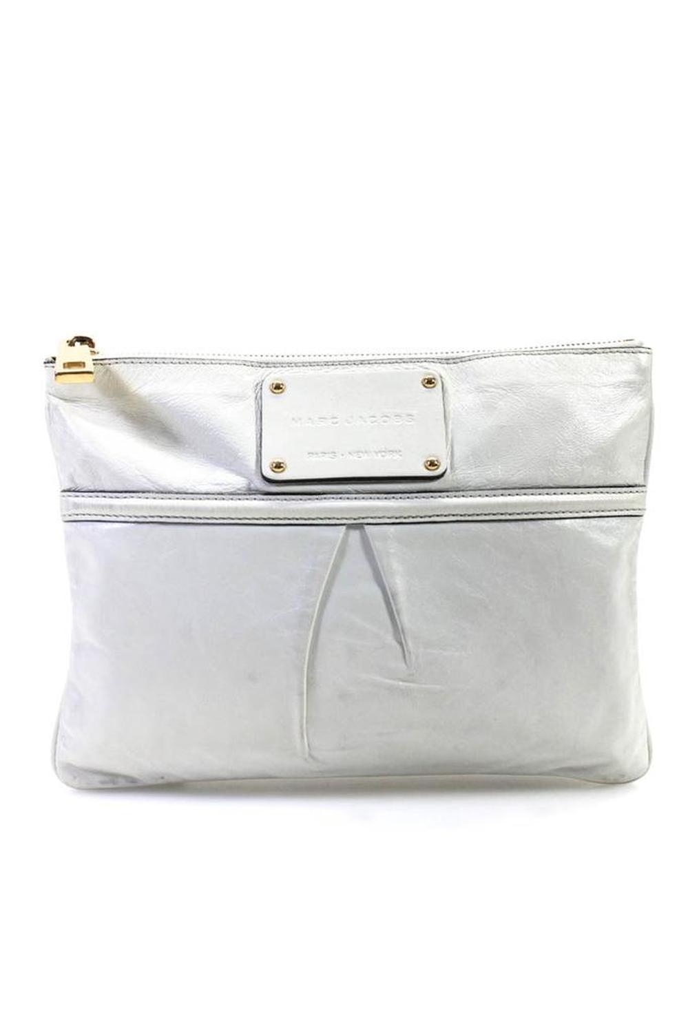 Marc Jacobs Womens Leather Pleated Zip Top Rectangular White Clutch Bag Handbag