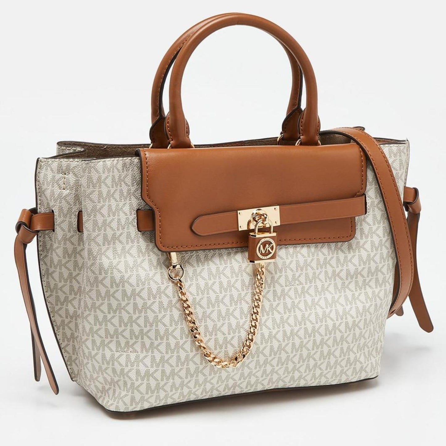 Michael Kors Vanilla/tan Signature Coated Canvas And Leather Hamilton Legacy Belted Tote