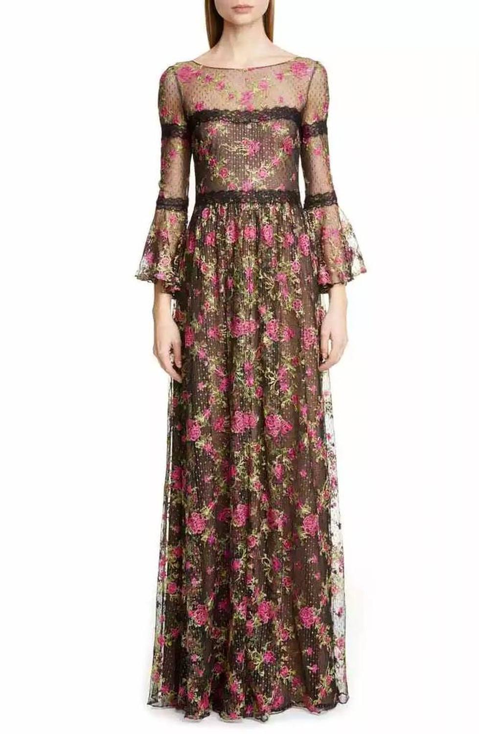 Embroidered Long Sleeve Tulle Dress In Black/pink