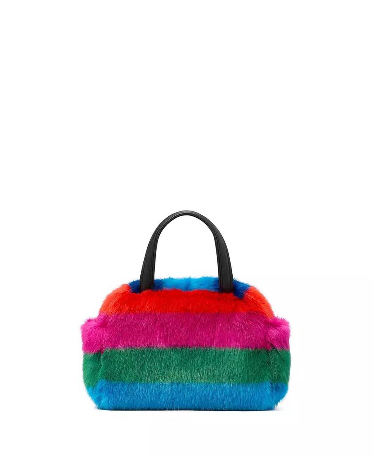 Puffed Striped Faux Fur Satchel Bag