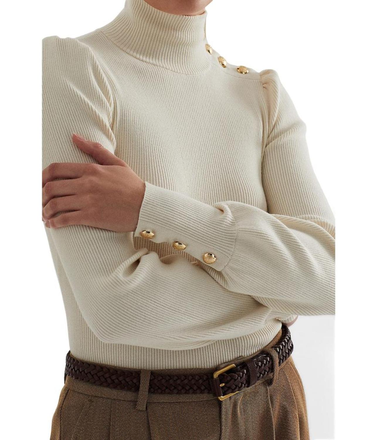 Button-Trim Mock Neck Sweater