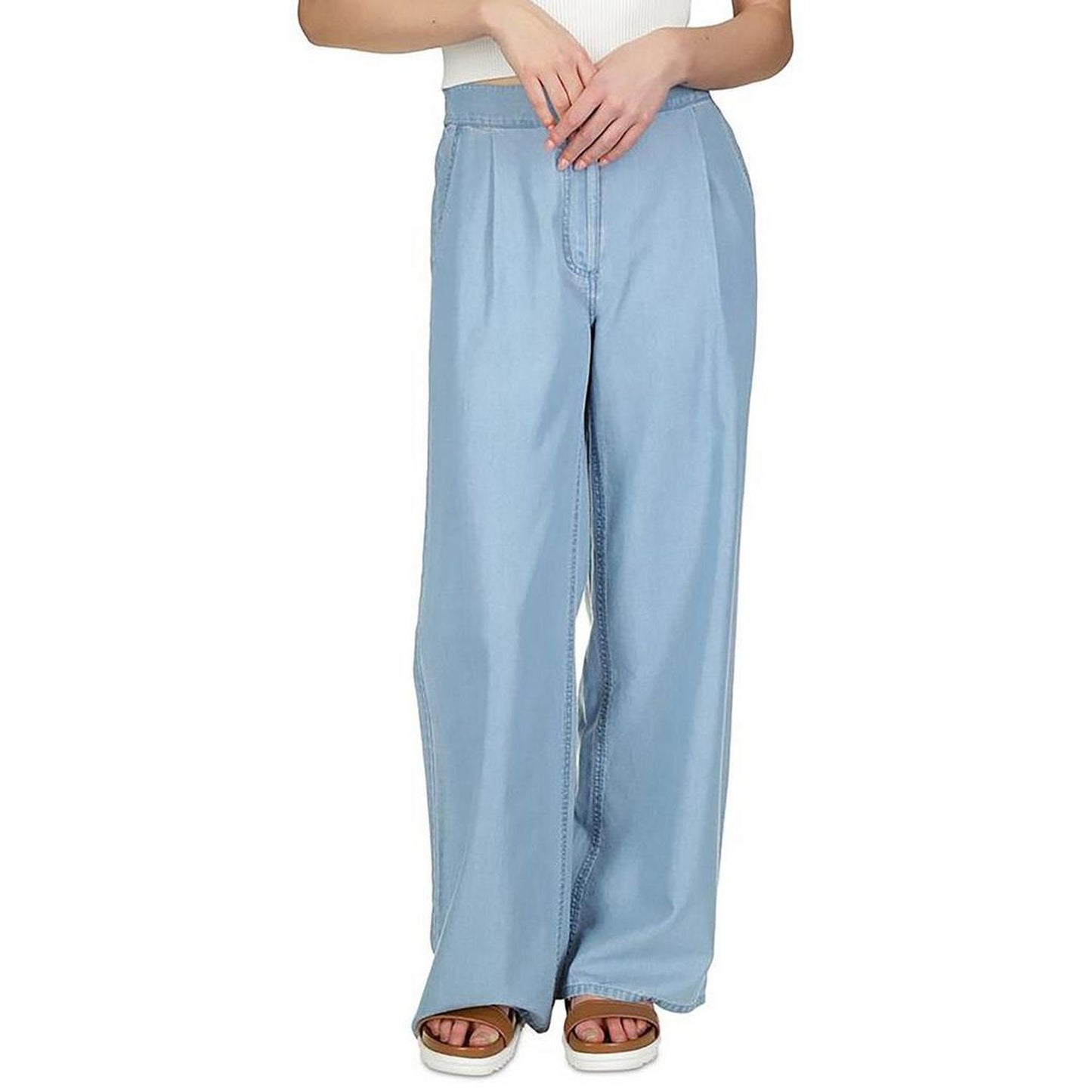 Petites Womens Tencel Pleated Wide Leg Pants