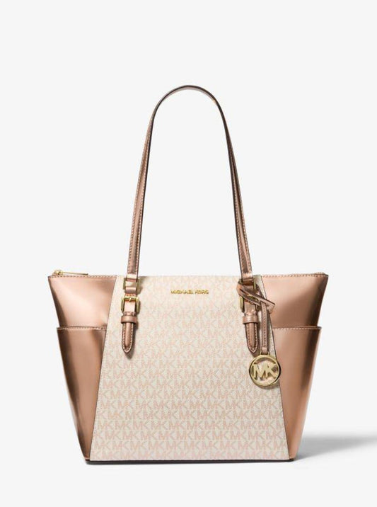 Charlotte Large Signature Logo and Metallic Top-Zip Tote Bag