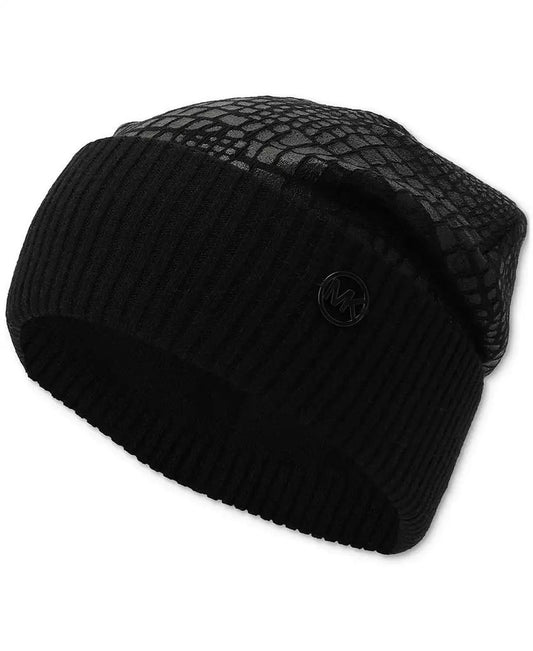 MICHAEL Logo Charm Ribbed Trim Croc-Embossed Beanie