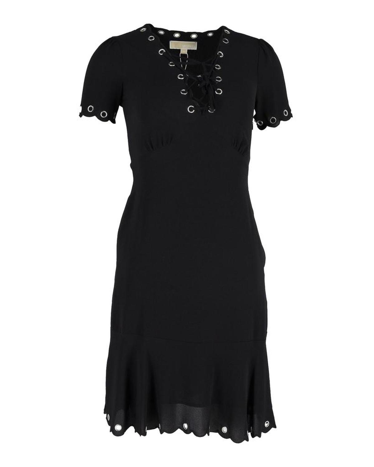 Michael Kors Eyelet Lace-Up Scallop Dress in Black Polyester