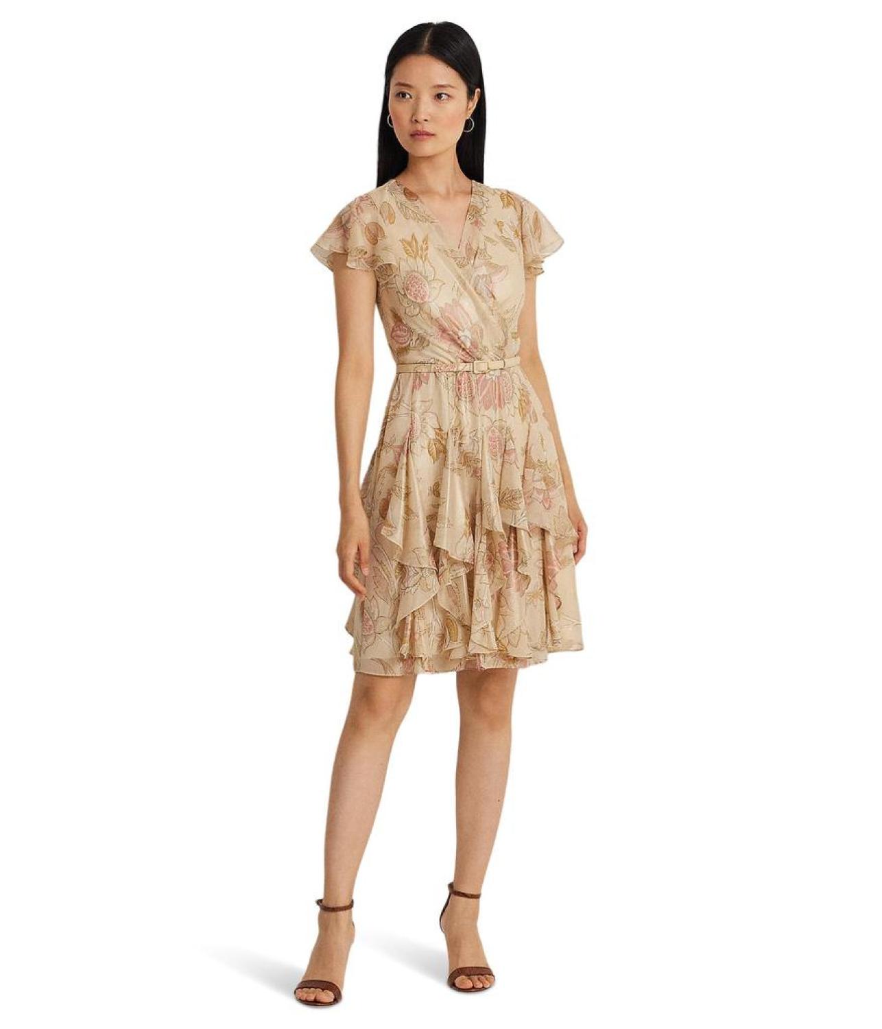 Floral Metallic Chiffon Cocktail Dress