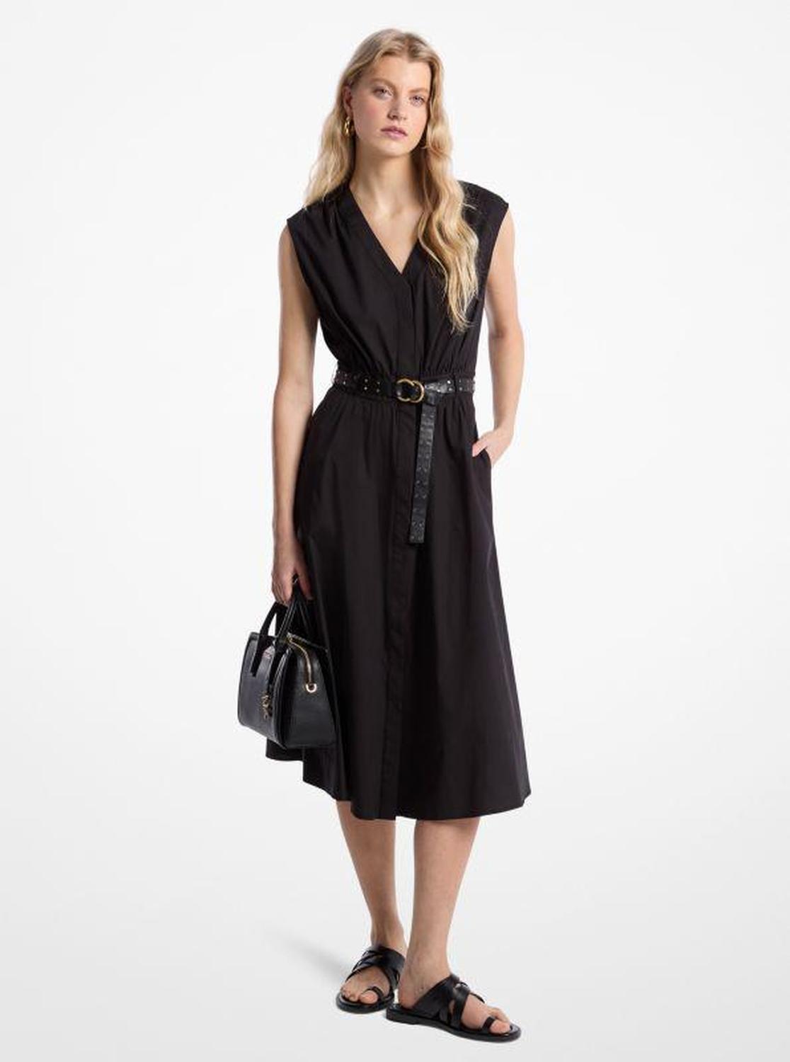 Stretch Cotton Poplin Belted Midi Dress