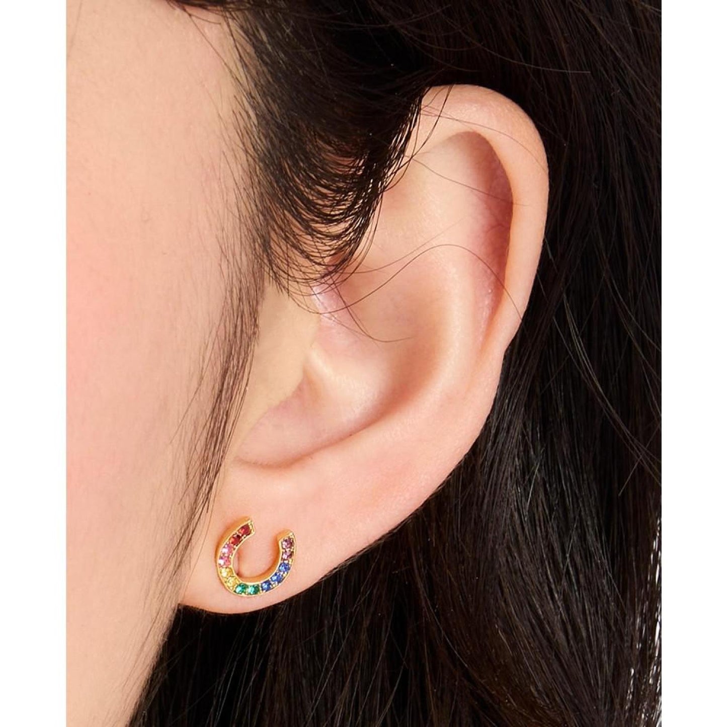 Gold-Tone Multicolor Pavé Horseshoe & Clover Mismatch Stud Earrings